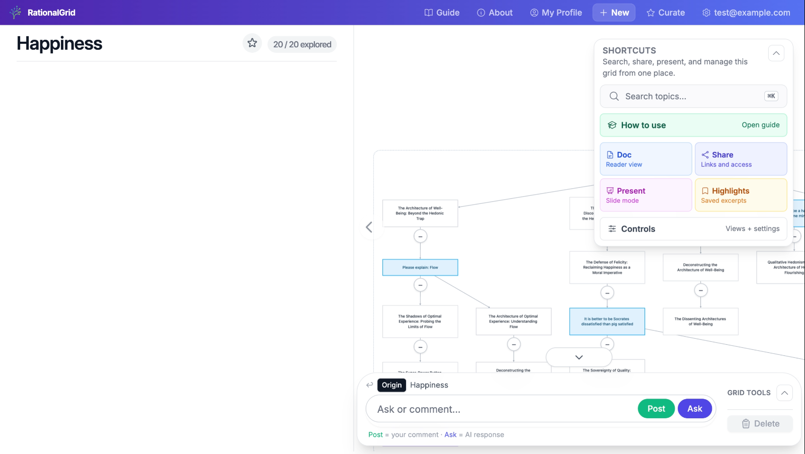 RationalGrid workspace showing shortcuts, composer, and grid tools