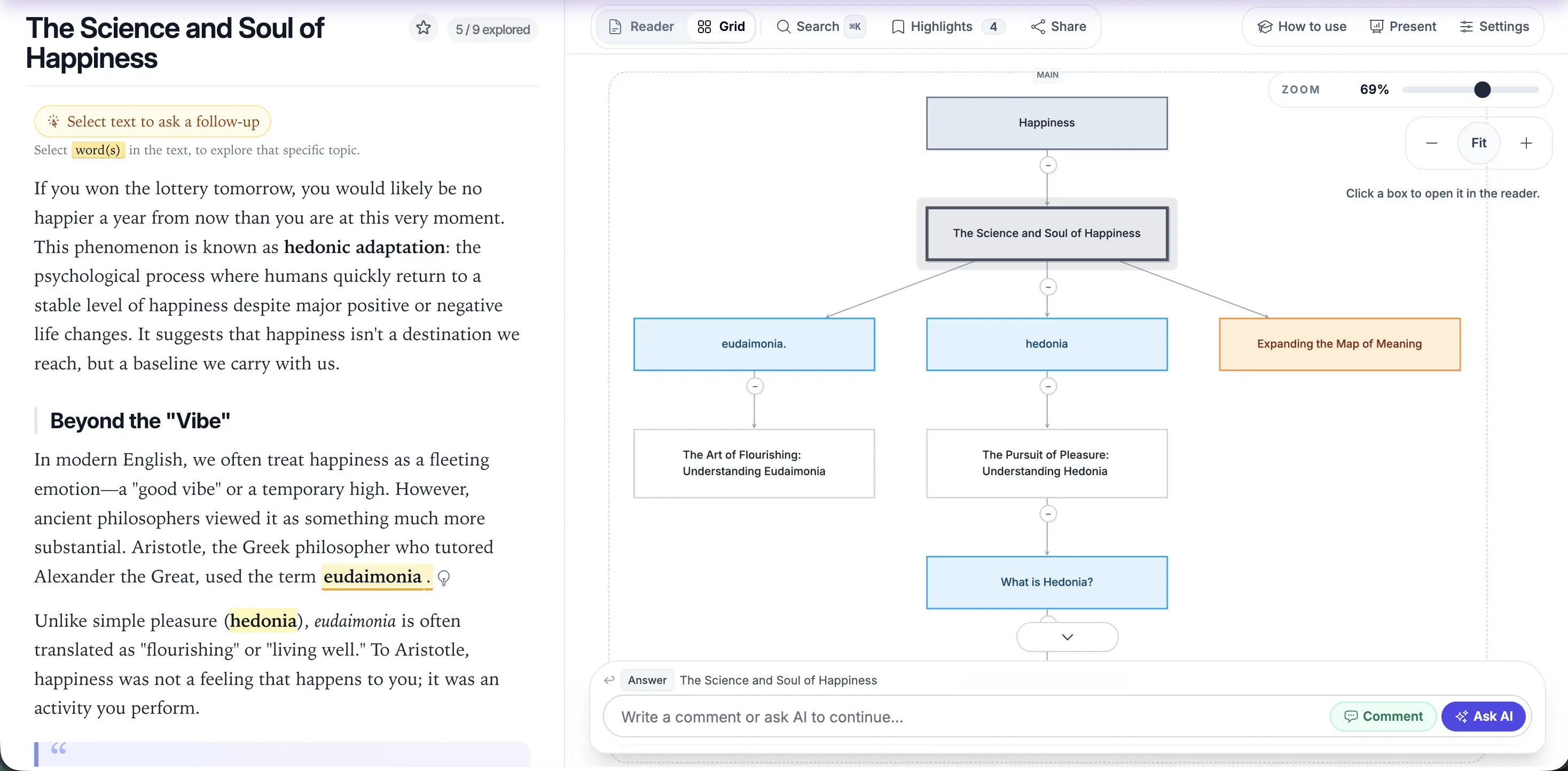 RationalGrid workspace showing the menu, reader, composer, and node actions